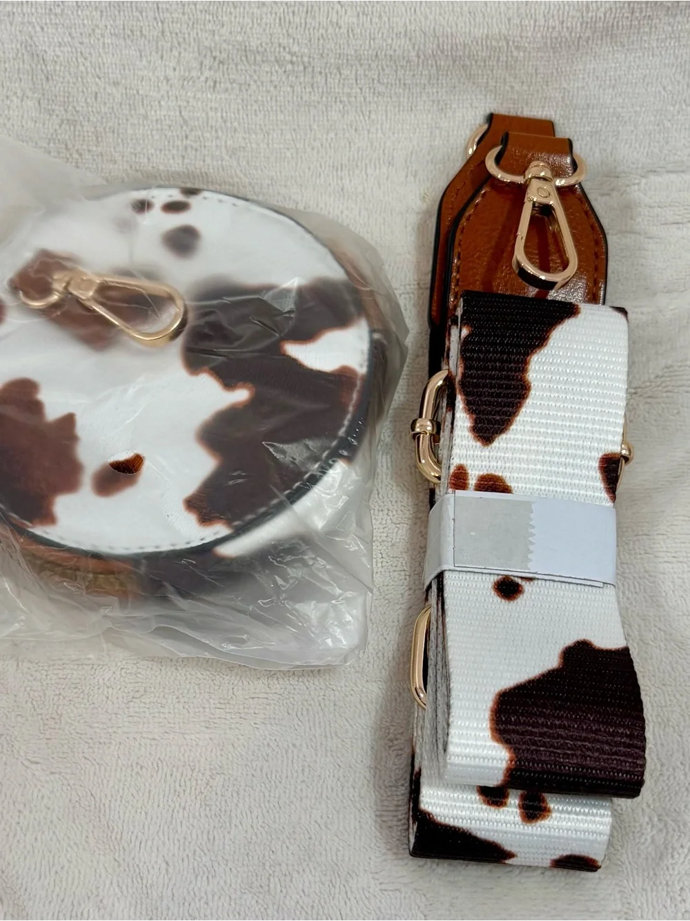 New Cowhide-Print Brown and White Crossbody Bag with Gold Hardware